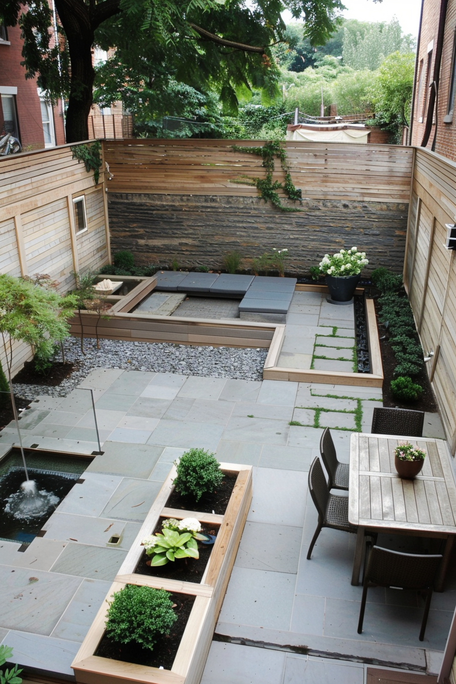 A modern backyard with wooden walls, stone tiles, raised plant beds, a small water fountain, and outdoor dining furniture.