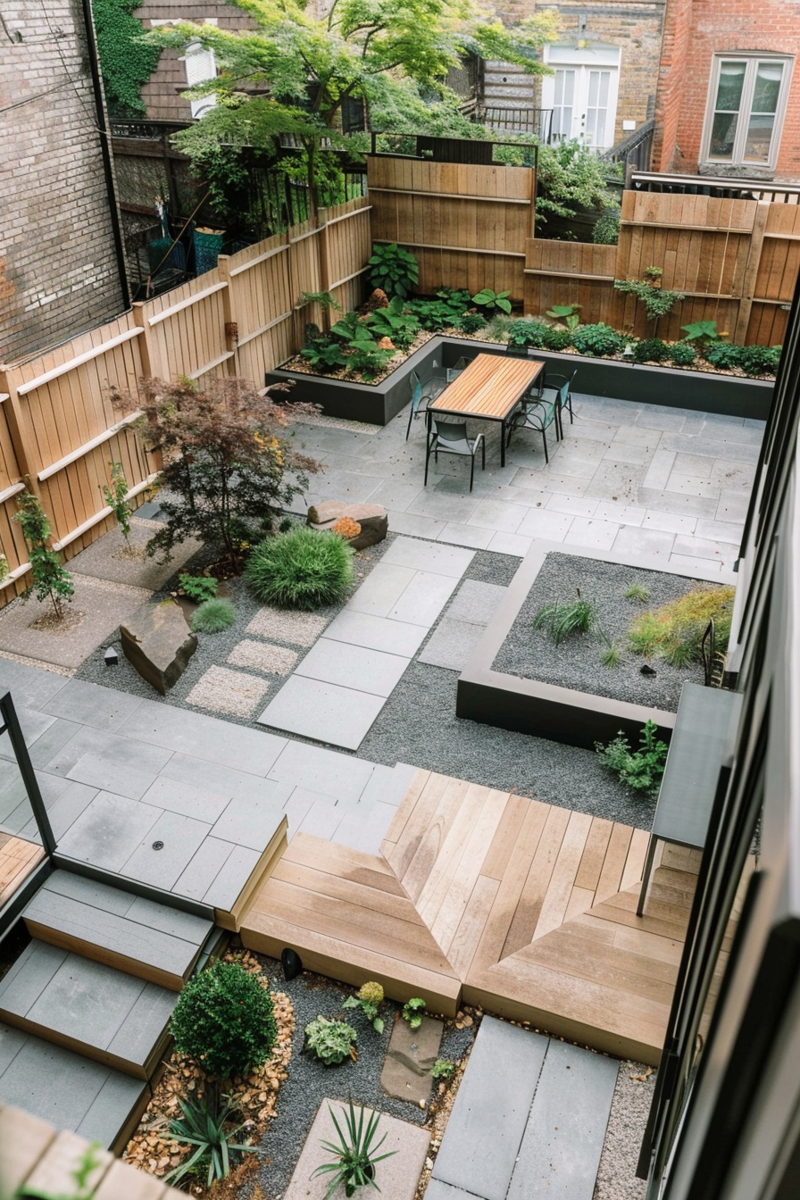 Aerial view of a modern backyard garden with wooden steps, a dining area, and landscaped greenery.