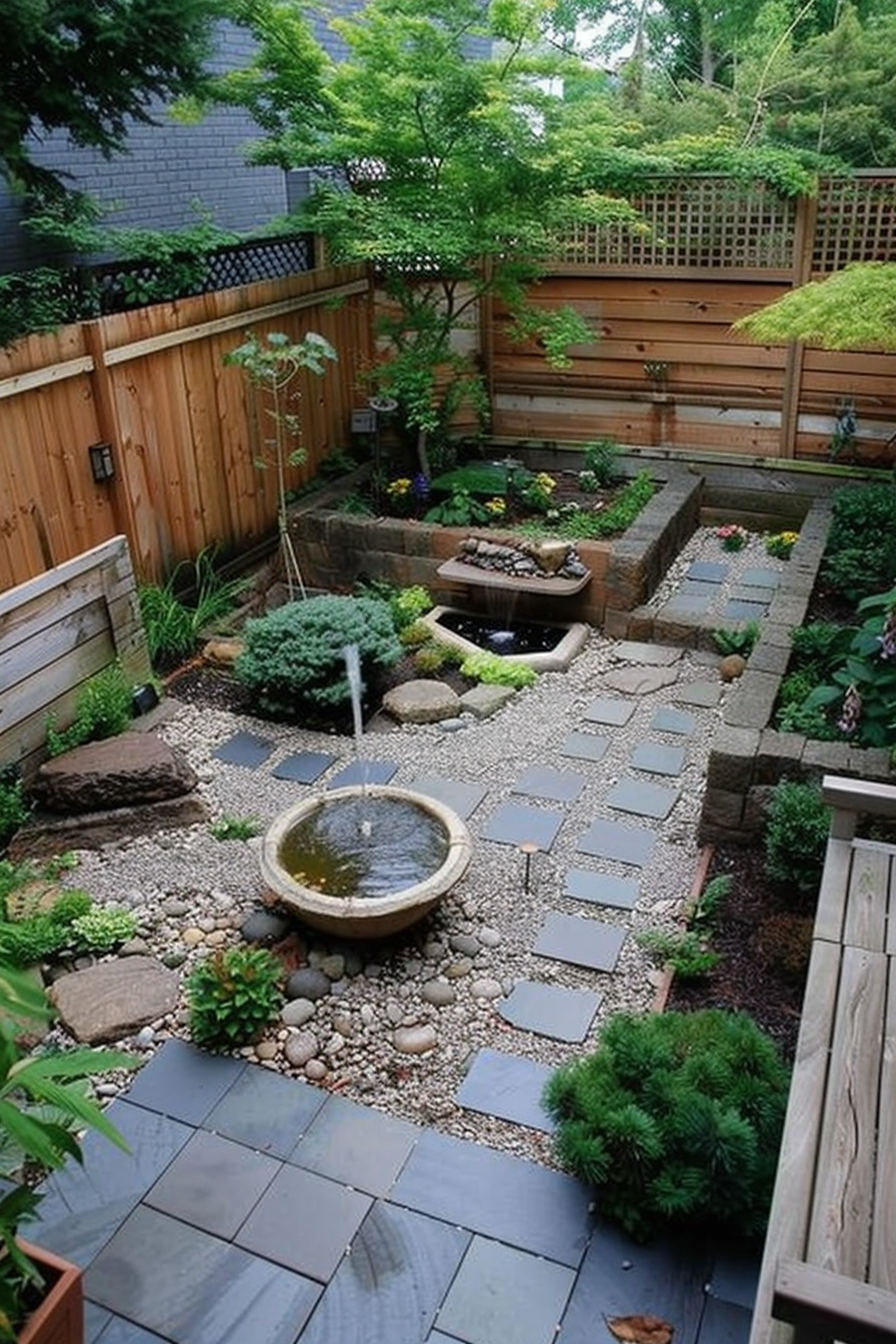 ALT: An elevated view of a serene backyard garden with a pathway, water fountain, pond, lush plants, and a wooden fence.