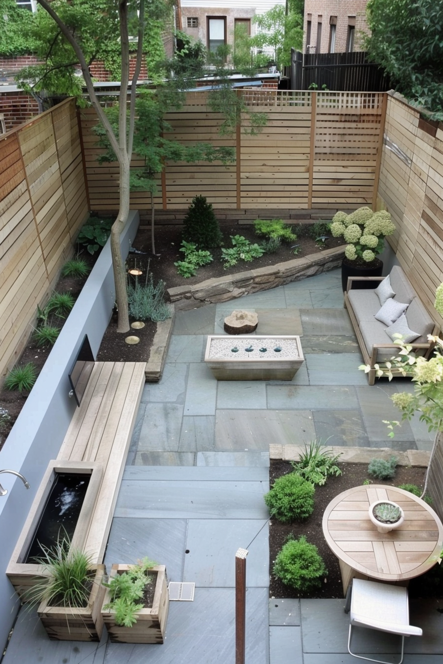 A peaceful urban garden with wooden planters, seating area, lush greenery, and a slate tile path.