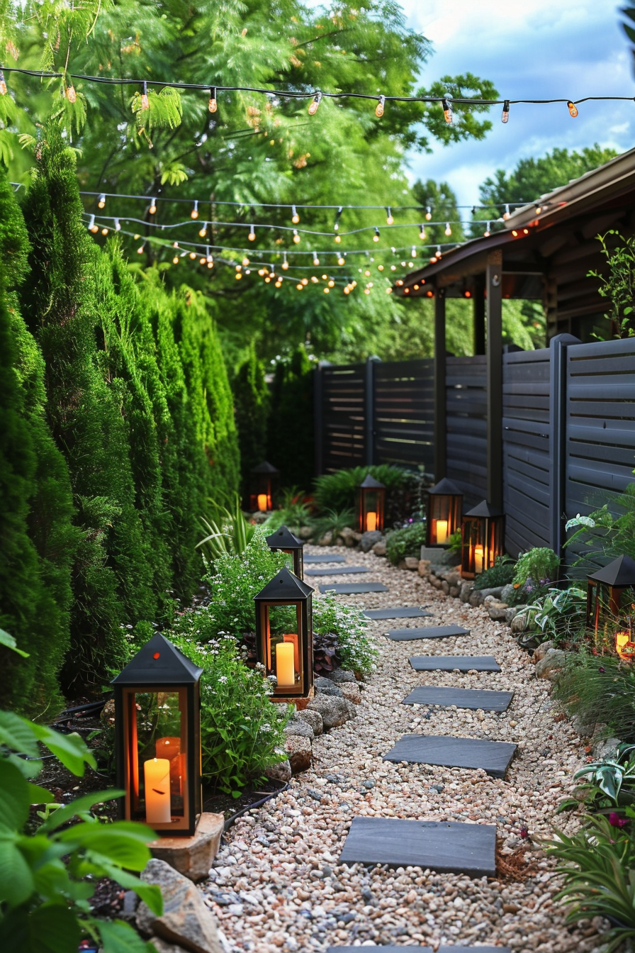A serene garden pathway lined with lit lanterns, flanked by lush greenery, with hanging string lights above during dusk.