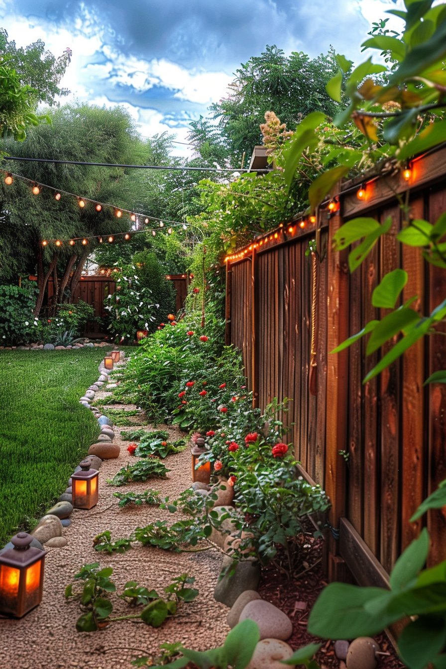 A serene garden pathway lined with greenery, red flowers, and lanterns, beneath string lights and a blue sky with clouds.