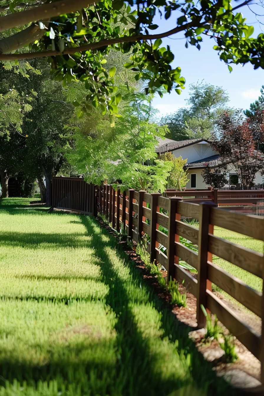 A sunlit suburban backyard with a wooden fence on the right, fresh green grass, leafy trees, and a house in the background.