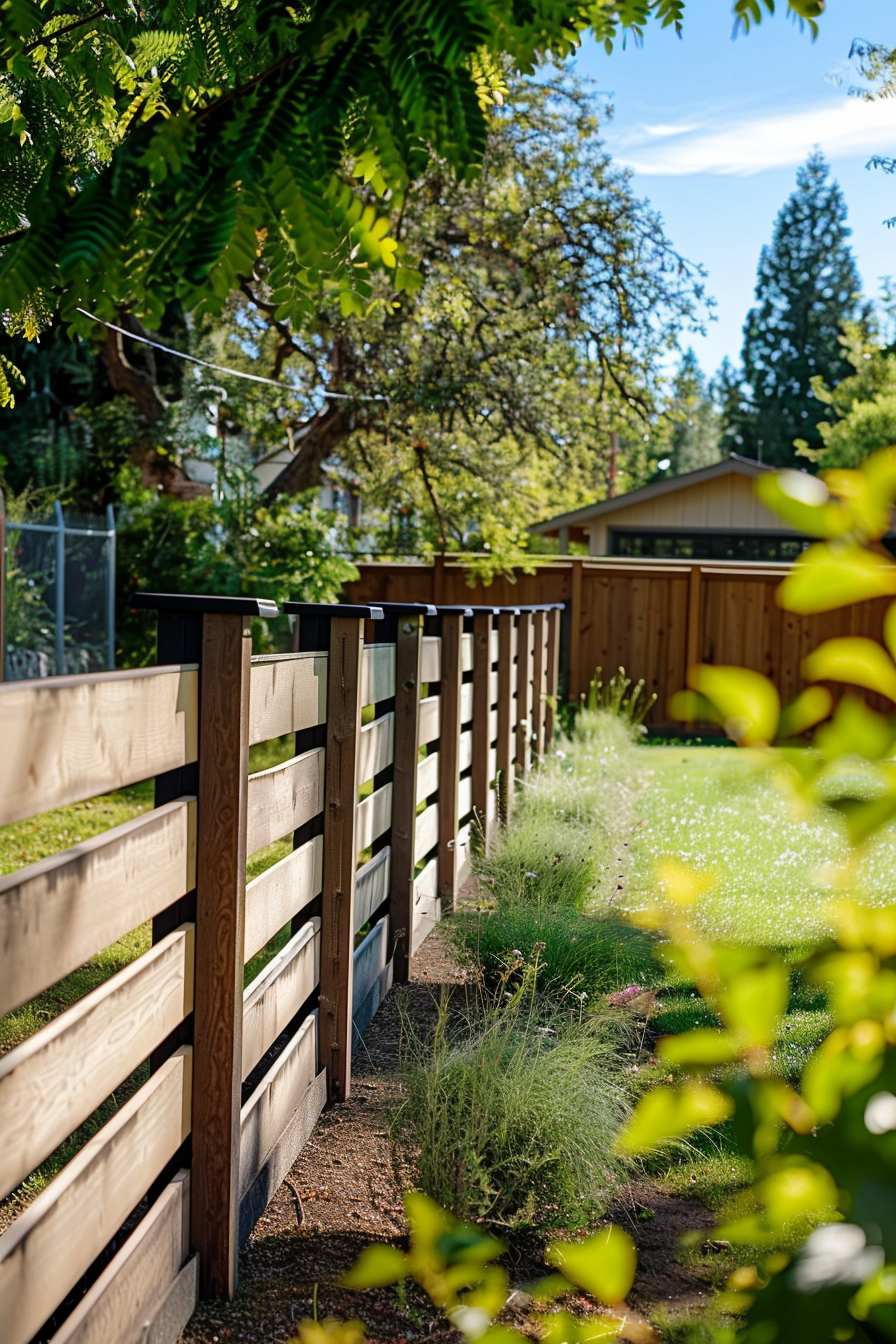 A modern wooden fence with metal posts along a garden path, surrounded by trees and lush greenery on a sunny day.
