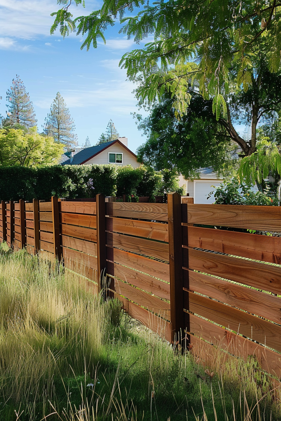 Wooden fence lining a grassy backyard with a house and trees in the background under a clear blue sky.