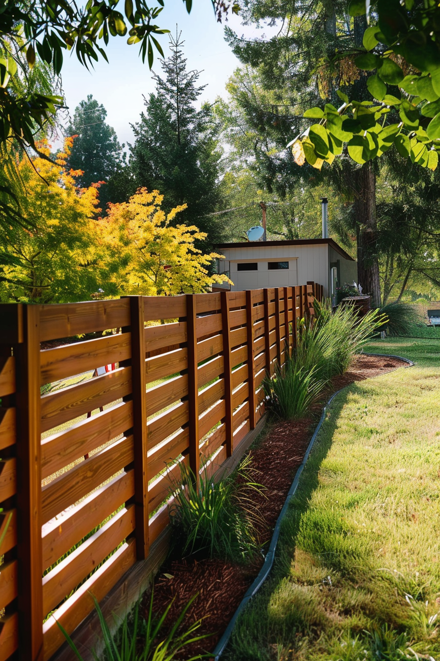 Wooden slat fence along a garden bed with lush greenery, leading to a house among tall trees in a bright sunny setting.