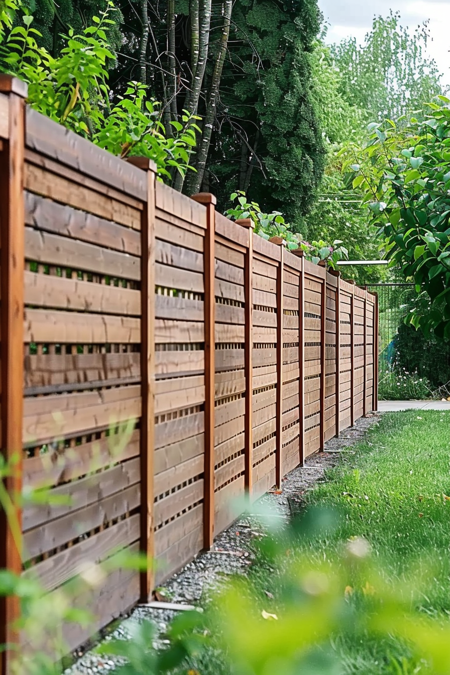 A wooden slatted fence runs along a grassy yard edged by lush greenery, creating a boundary with nature.