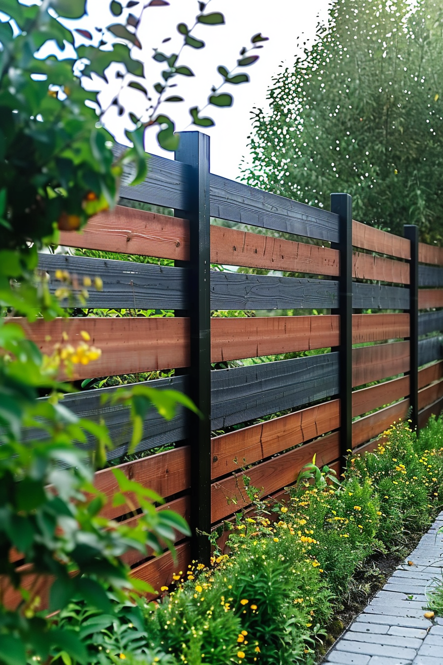 A modern wooden fence with alternating dark and light brown planks alongside a garden path, surrounded by green shrubbery and yellow flowers.