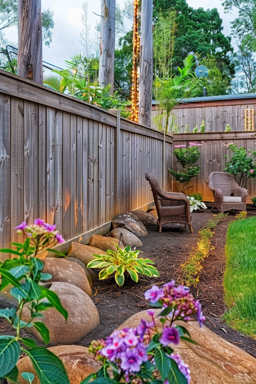 Cozy backyard garden with wooden fence, two wicker chairs, flowering plants, and illuminated tree trunk.