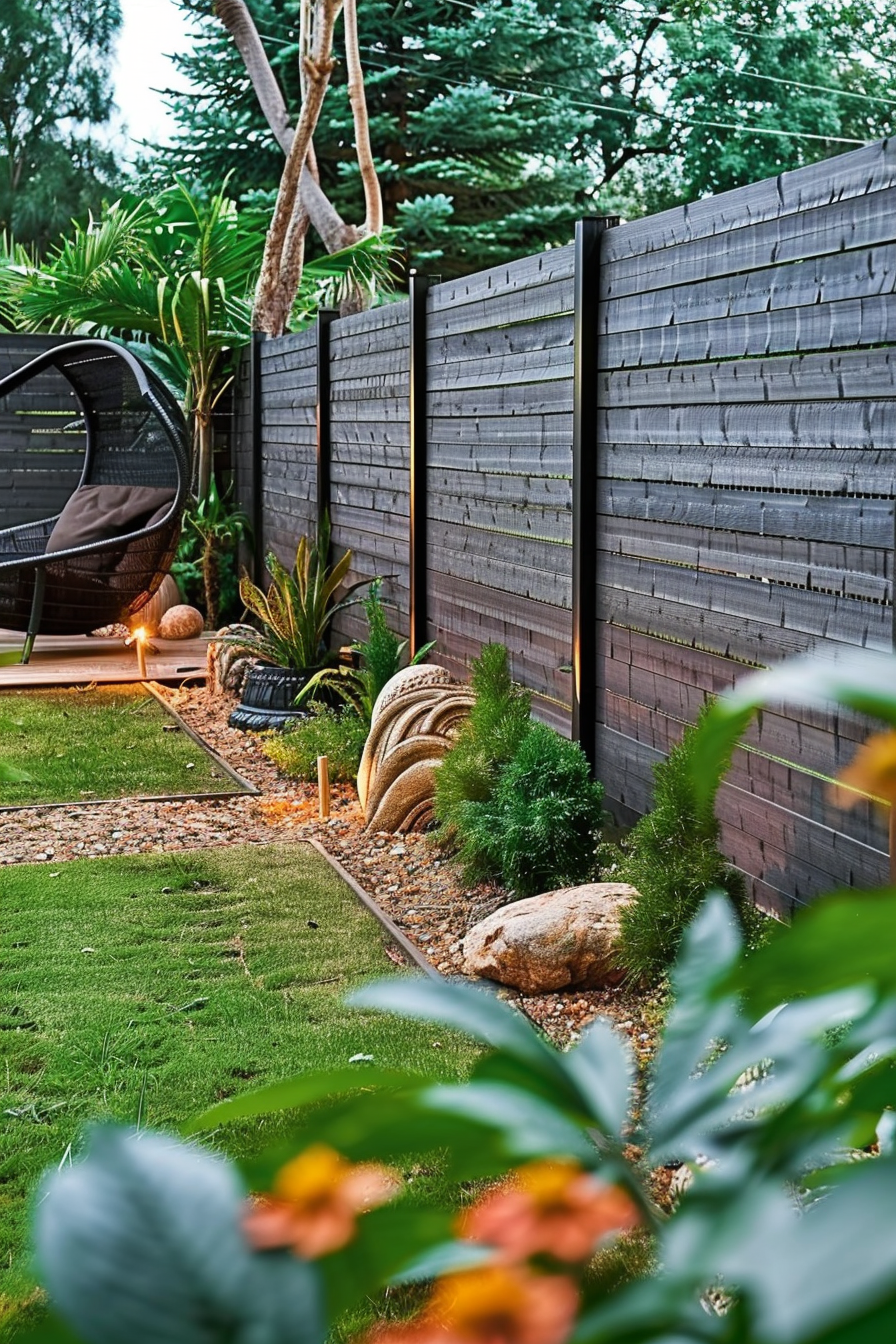 A cozy garden corner with a hanging egg chair, wooden fence, manicured grass, decorative stones, and lush plants.