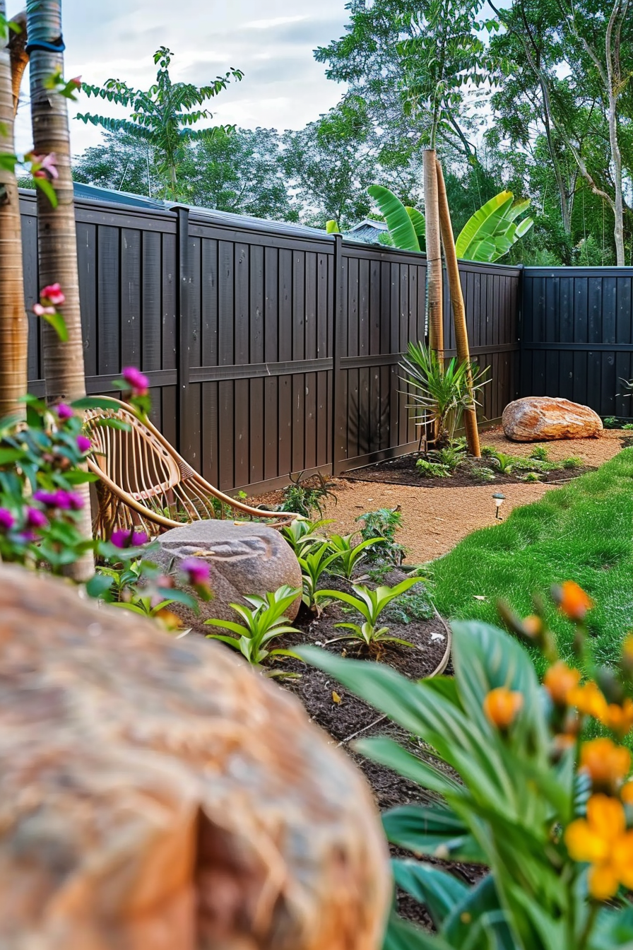 A serene garden corner with a rattan chair, vibrant flowers, fresh green grass, large stones, and a tall privacy fence surrounded by trees.