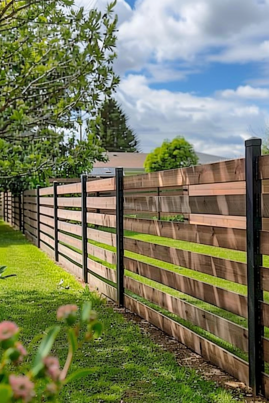 A wooden fence with horizontal slats and black metal posts on a sunny day, surrounded by green grass and trees.