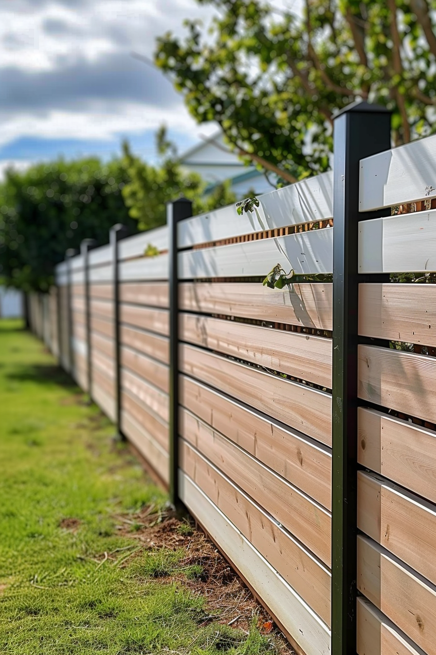 A modern horizontal slat wooden fence with metal posts in a garden, displaying a section in sharp focus with blurred greenery in the background.