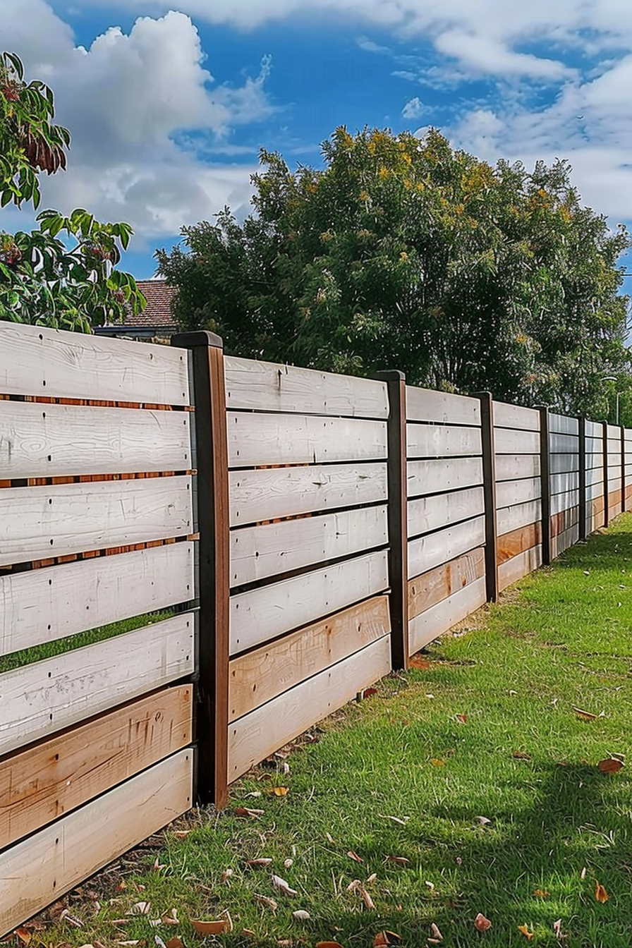 A modern wooden fence with alternating white horizontal planks and open slats under a blue sky with scattered clouds.