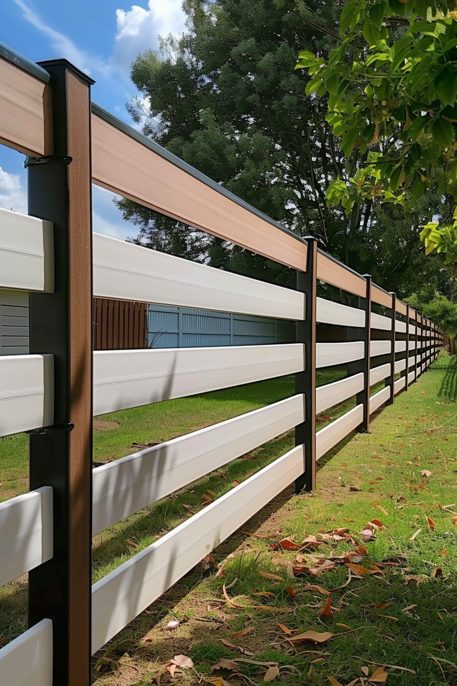 A modern brown and white horizontal slat fence running along a green lawn with trees and a blue sky overhead.