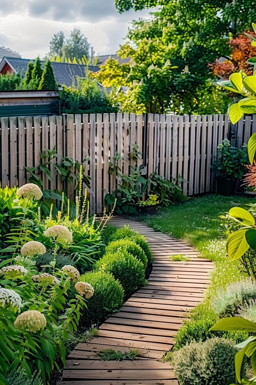 A serene garden pathway lined with lush plants and flowers leading to a wooden fence, under a sunny sky.