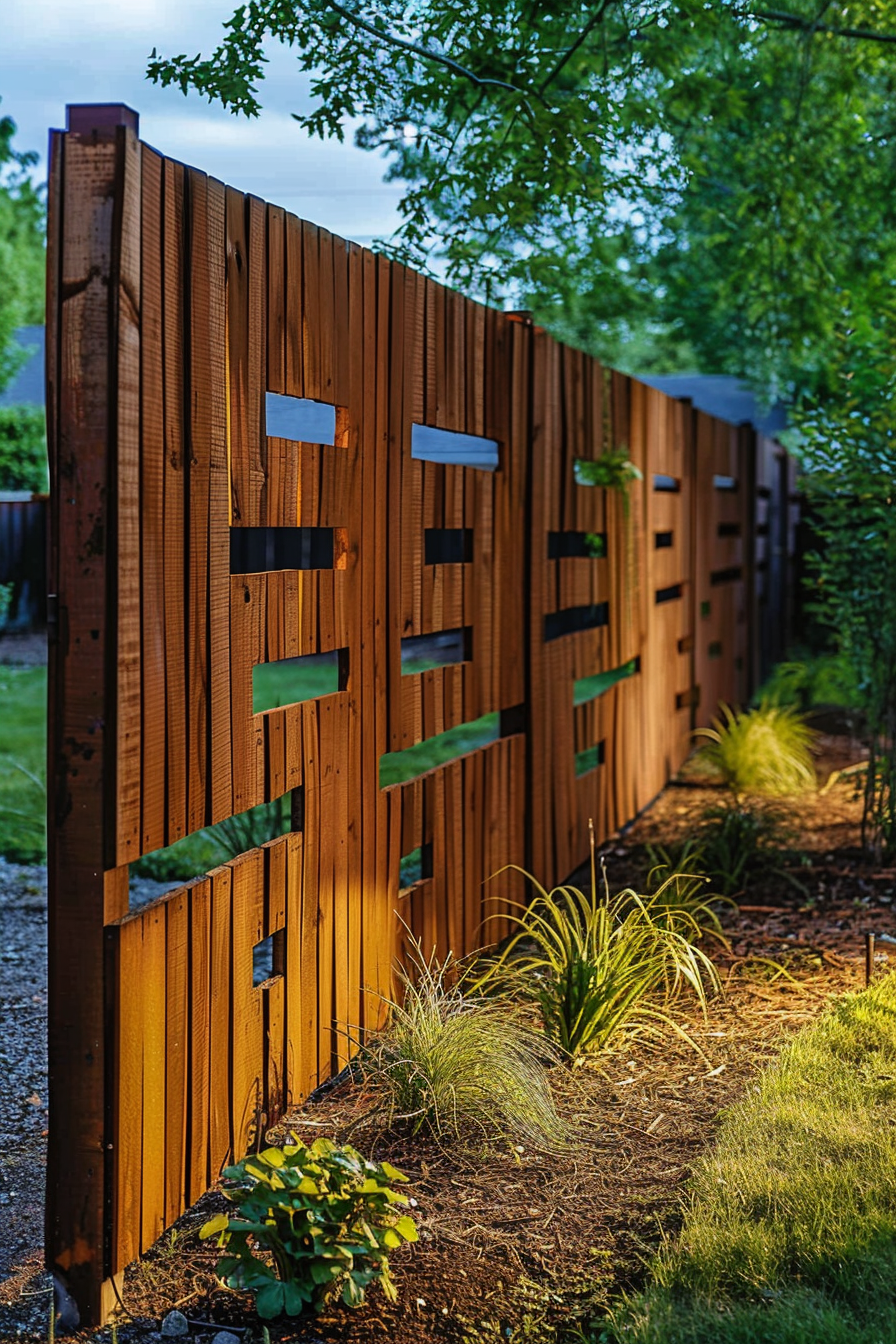 A modern wooden fence with horizontal slats and decorative cut-outs, casting shadows in a garden at dusk.