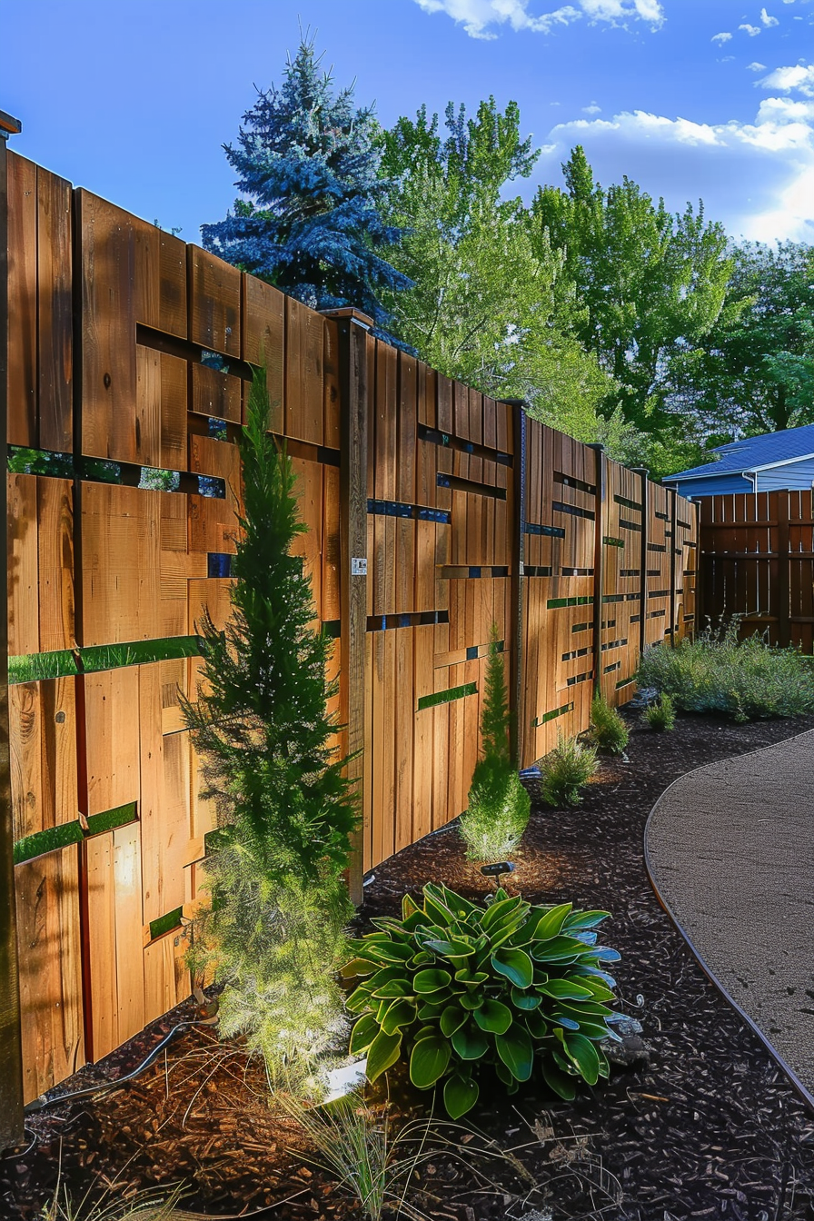 A modern wooden fence with horizontal planks and intermittent metallic supports alongside a landscaped garden path with various green shrubs and trees.