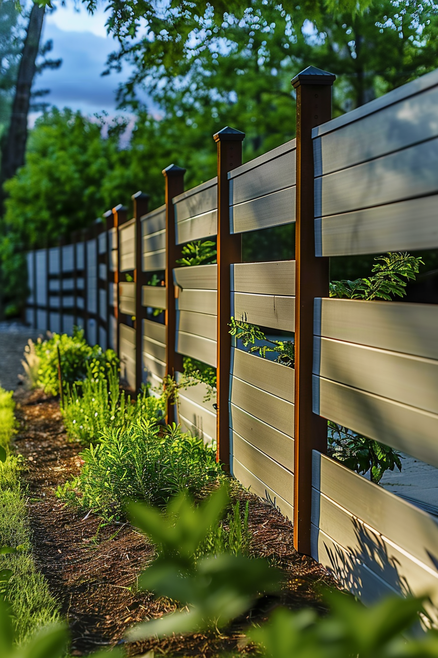 A modern horizontal slat fence with metal posts surrounded by lush greenery in a garden setting.
