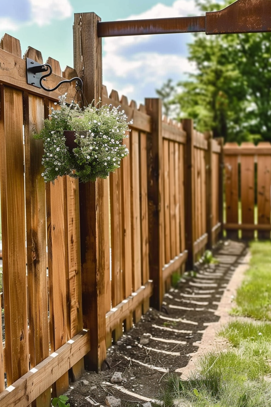 A wooden fence with a hanging flower basket and a cobblestone path on a sunny day, evoking a tranquil suburban backyard.