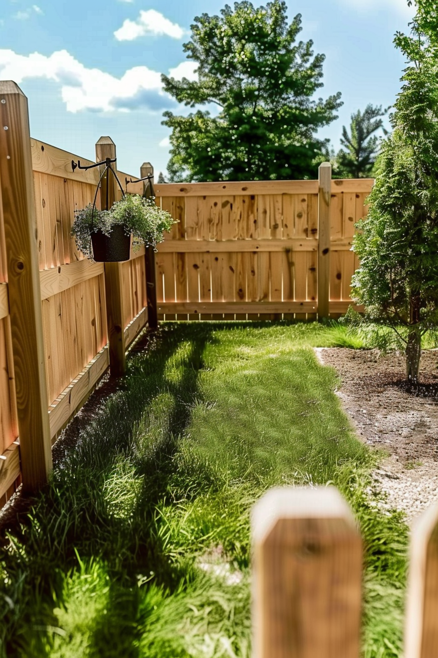 "Wooden fence with hanging planters in a lush backyard garden under clear blue sky, with green trees in the background."