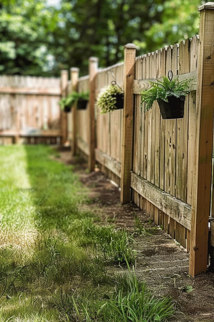 A wooden fence with hanging flower baskets on a sunny day, along a grassy path leading into the distance.