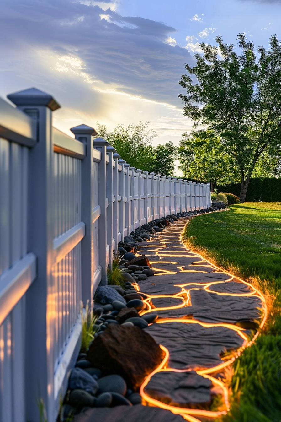A beautifully lit garden path next to a white fence, with glowing lights outlining stepping stones at dusk.