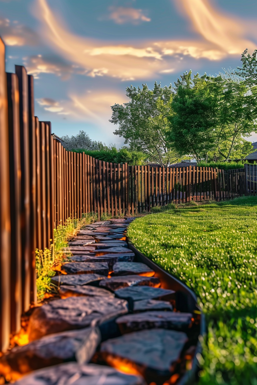 "Sunset light casts a warm glow on a stone path lined with a wooden fence leading through a lush green lawn with trees and a colorful sky."