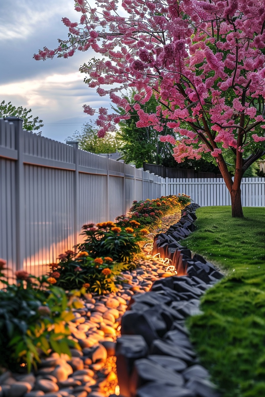 ALT text: A serene garden at dusk with a vibrant pink flowering tree, illuminated stone path, lush green grass, and a white picket fence.
