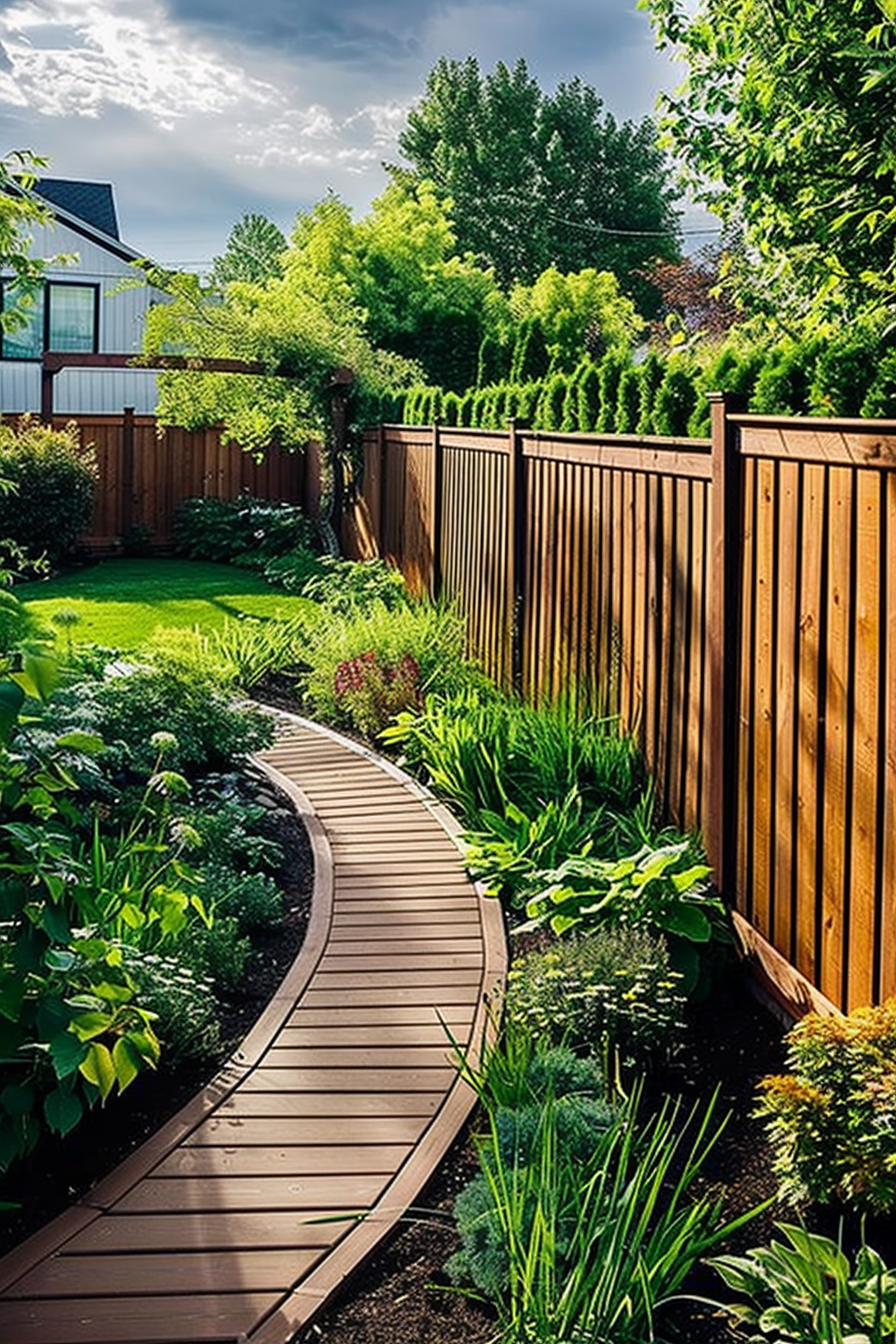 A winding wooden boardwalk leads through a lush garden with vibrant greenery and a wooden fence under a cloudy blue sky.