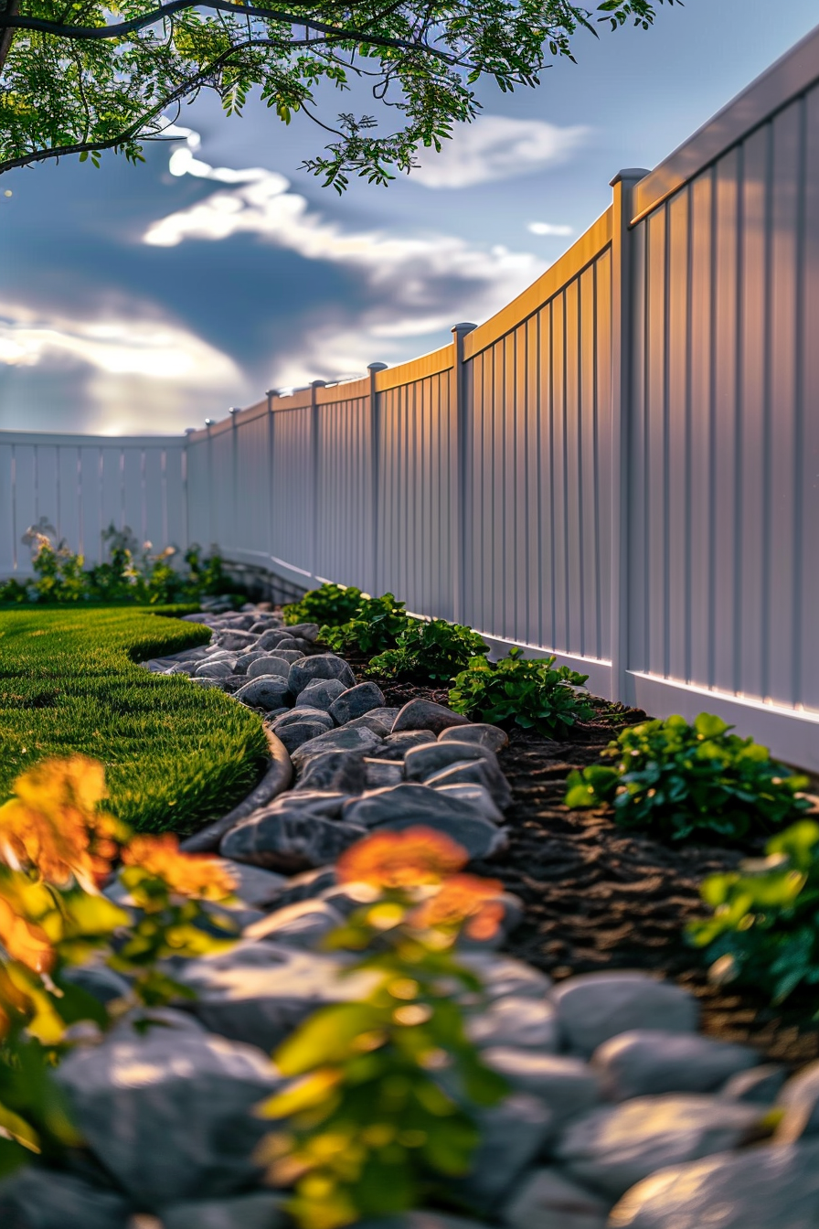 Alt text: A landscaped garden path with smooth grey stones and green plants next to a white fence, under a sunset sky with clouds.