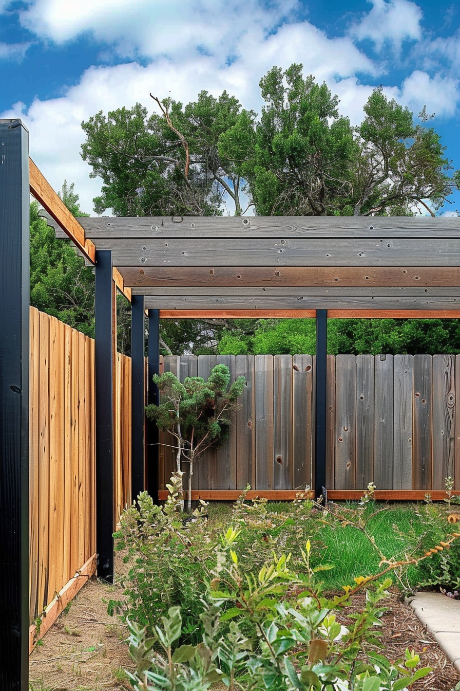 A wooden pergola with a contrasting dark metal support overlooking a vibrant garden and wooden fence under a blue sky with fluffy clouds.