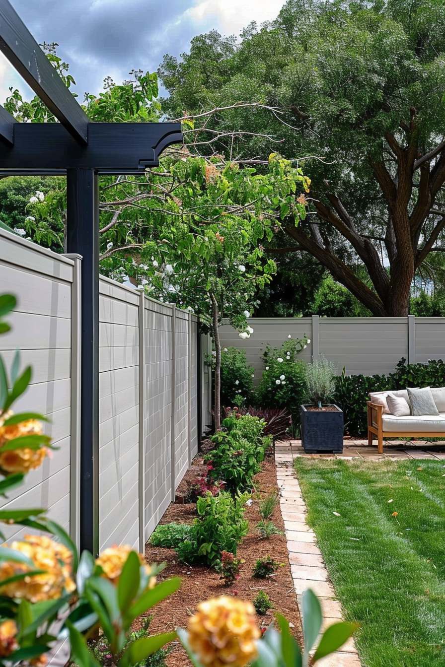 A lush garden pathway beside a modern grey fence with a seating area under a pergola and mature trees in the background.
