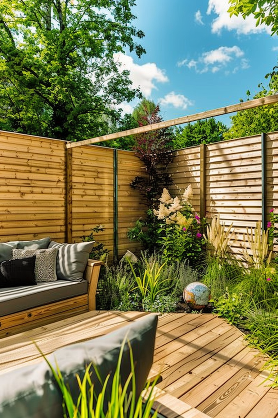 Cozy garden corner with wooden fencing, deck, outdoor sofa, plush cushions, and lush greenery under blue skies.