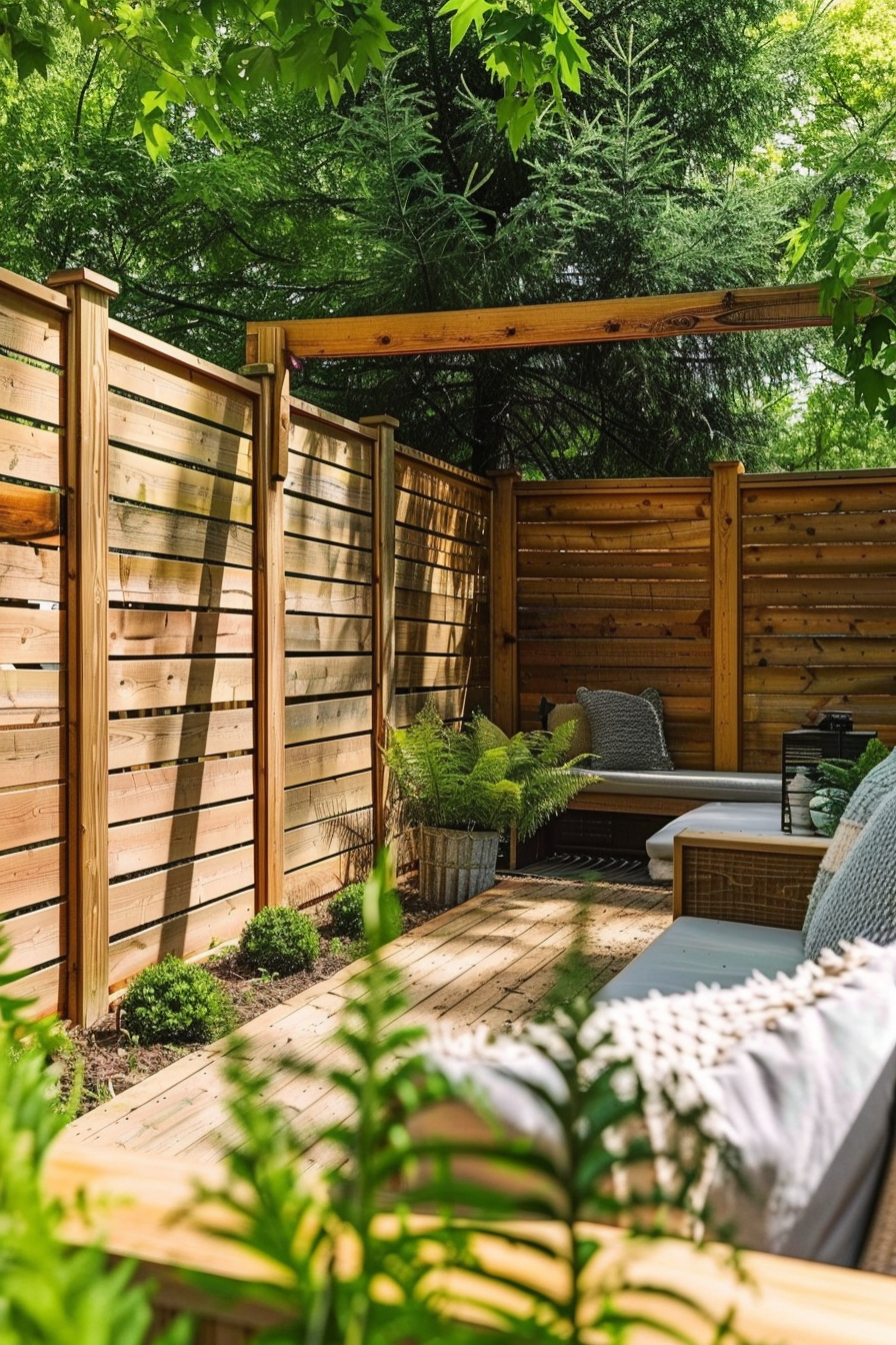 ALT: A serene wooden deck patio with lounging chairs surrounded by lush greenery and privacy fencing in a backyard garden setting.