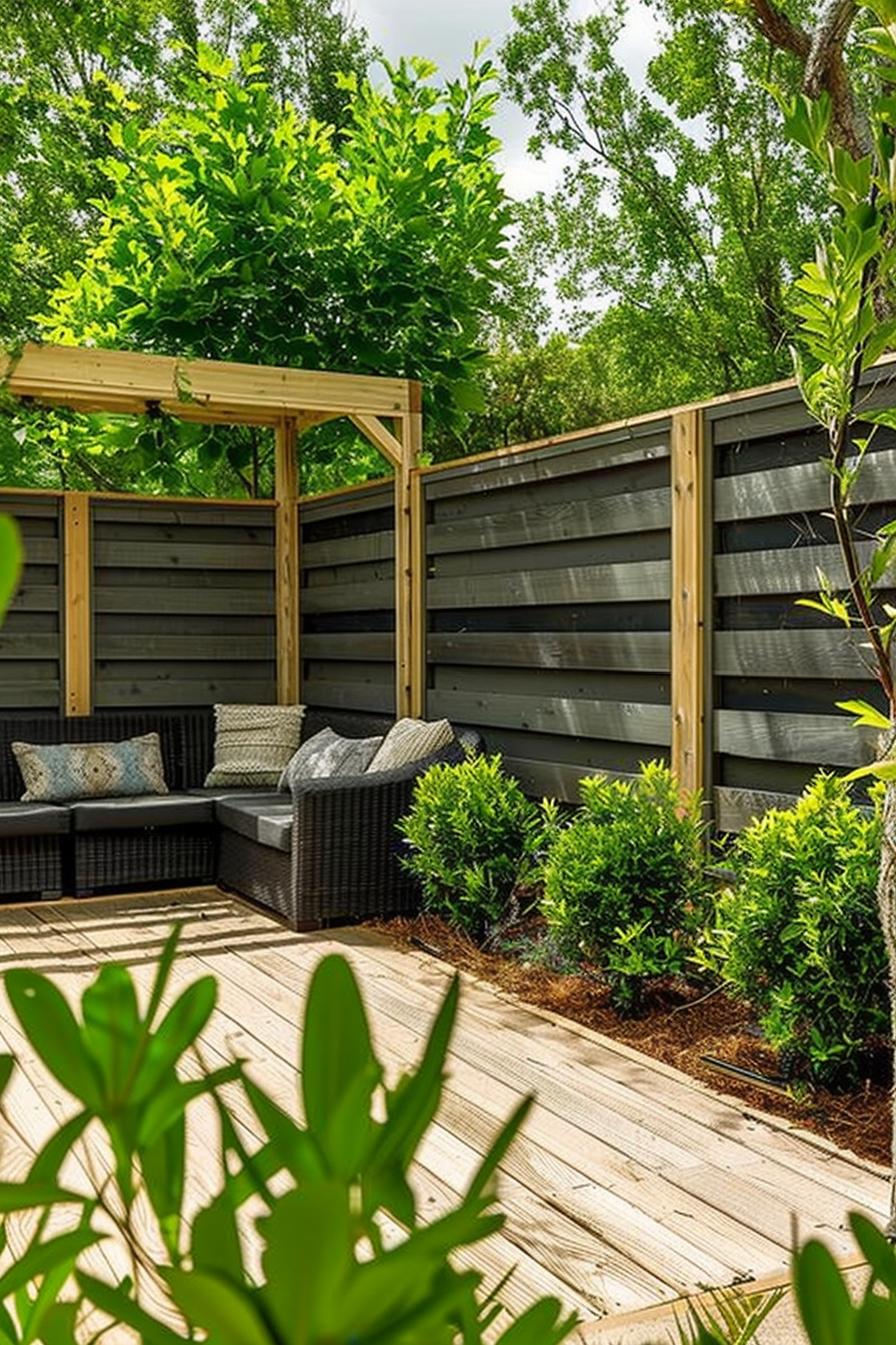 A cozy outdoor seating area with wicker furniture, surrounded by wooden fencing, lush greenery, and a pergola overhead.
