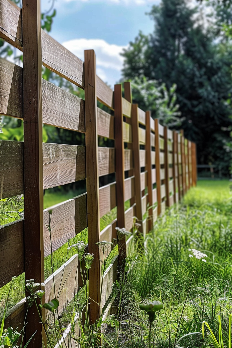 A wooden fence stretches across a lush, green lawn, partly obscured by vibrant wild grasses and undergrowth.