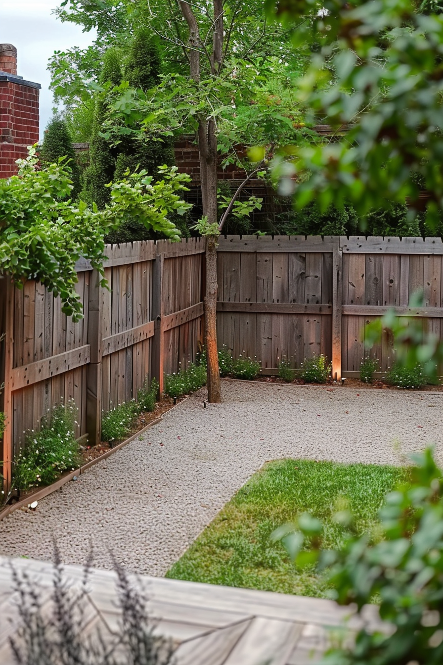 A pebbled pathway leads through a tranquil backyard garden with wooden fences, greenery, and a small grass patch.