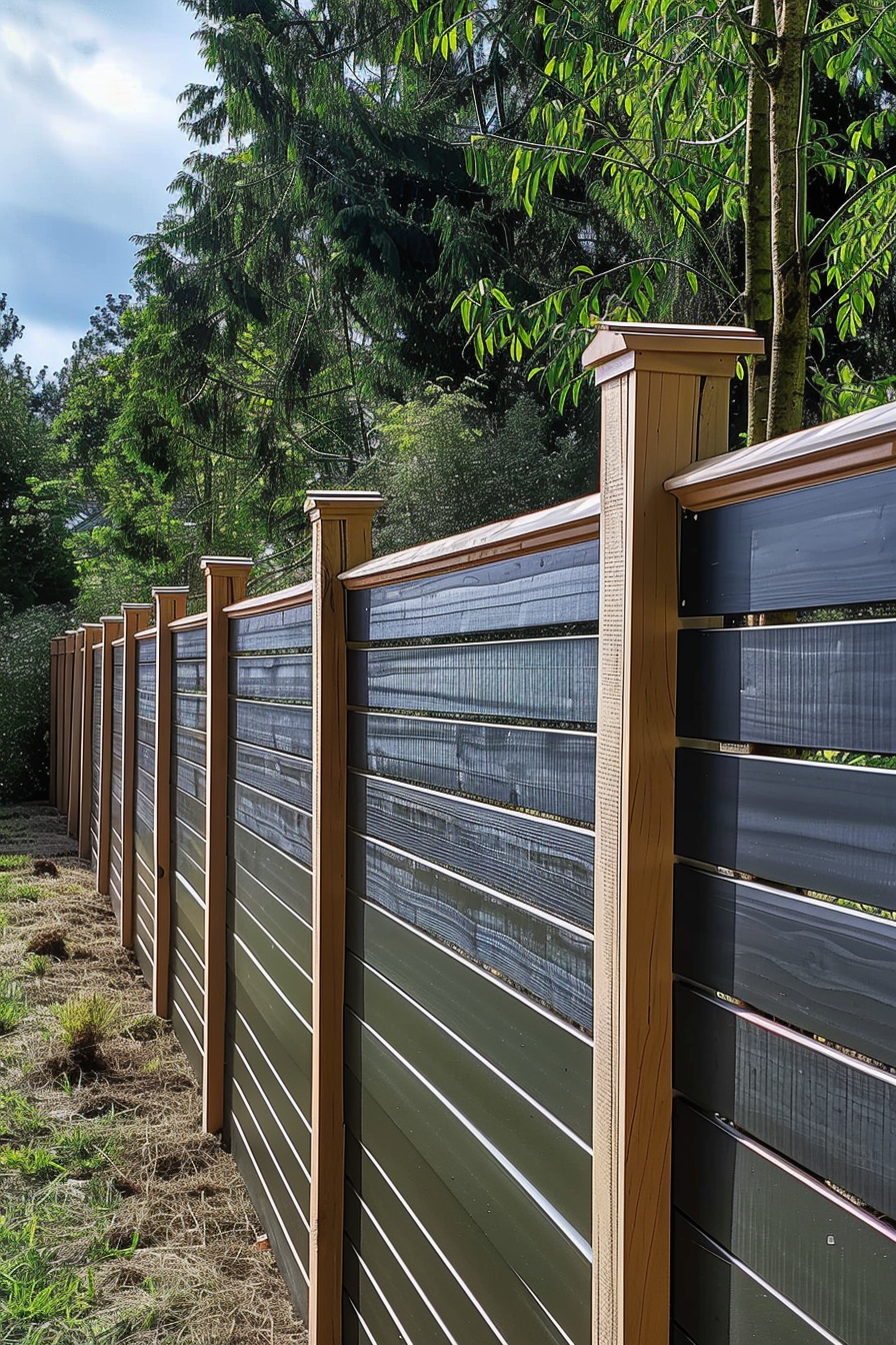 Modern wooden fence with horizontal slats and metal grid inserts dividing a grassy area from leafy green trees under a blue sky.