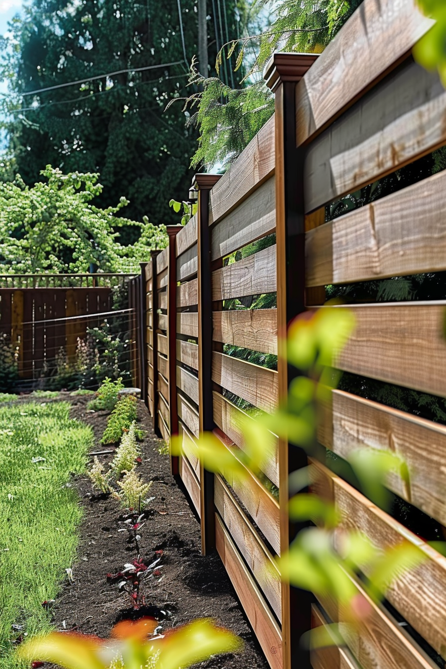 A modern wooden fence with horizontal slats along a garden bed with young plants, under a sunny sky with surrounding greenery.