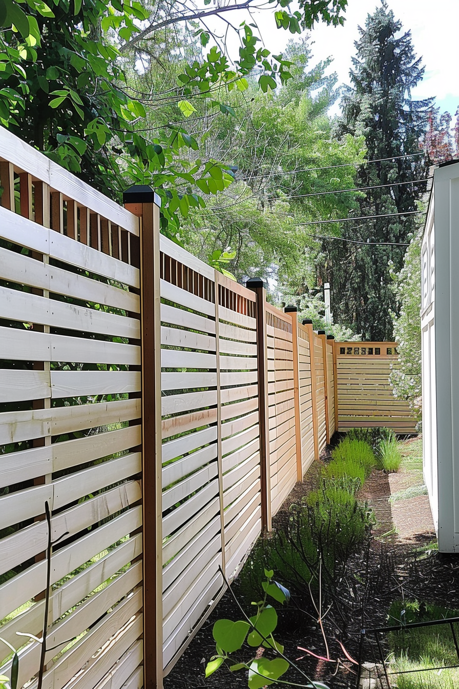 A modern wooden slatted fence running alongside a landscaped garden with shrubs and tall trees in the background.