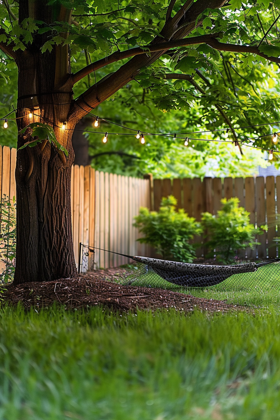 Cozy backyard scene with string lights wrapped around a tree trunk and a hammock strung between trees on a lush lawn.