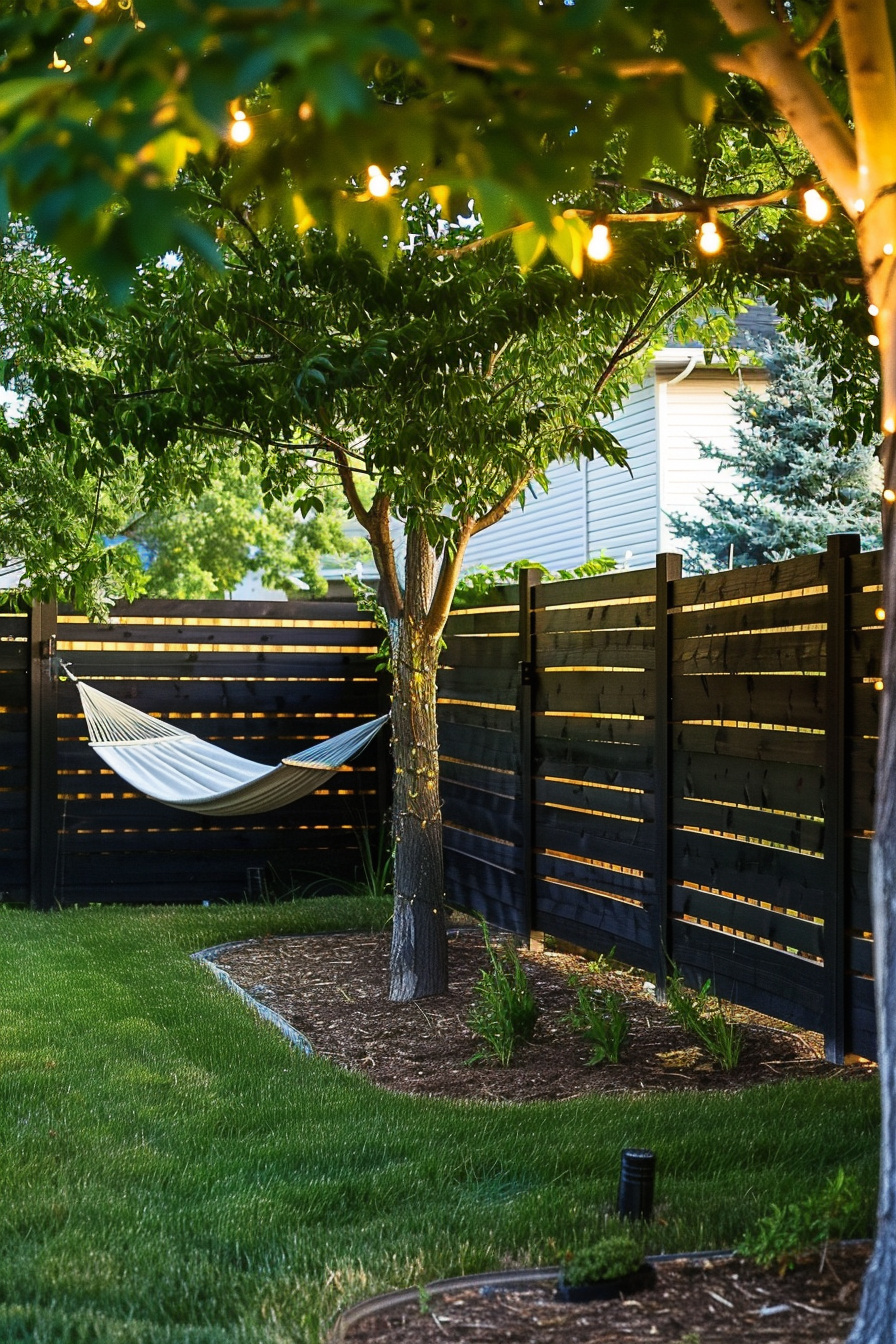 A serene backyard with string lights in a tree above a hammock, bordered by a modern dark wooden fence with illuminated slats.