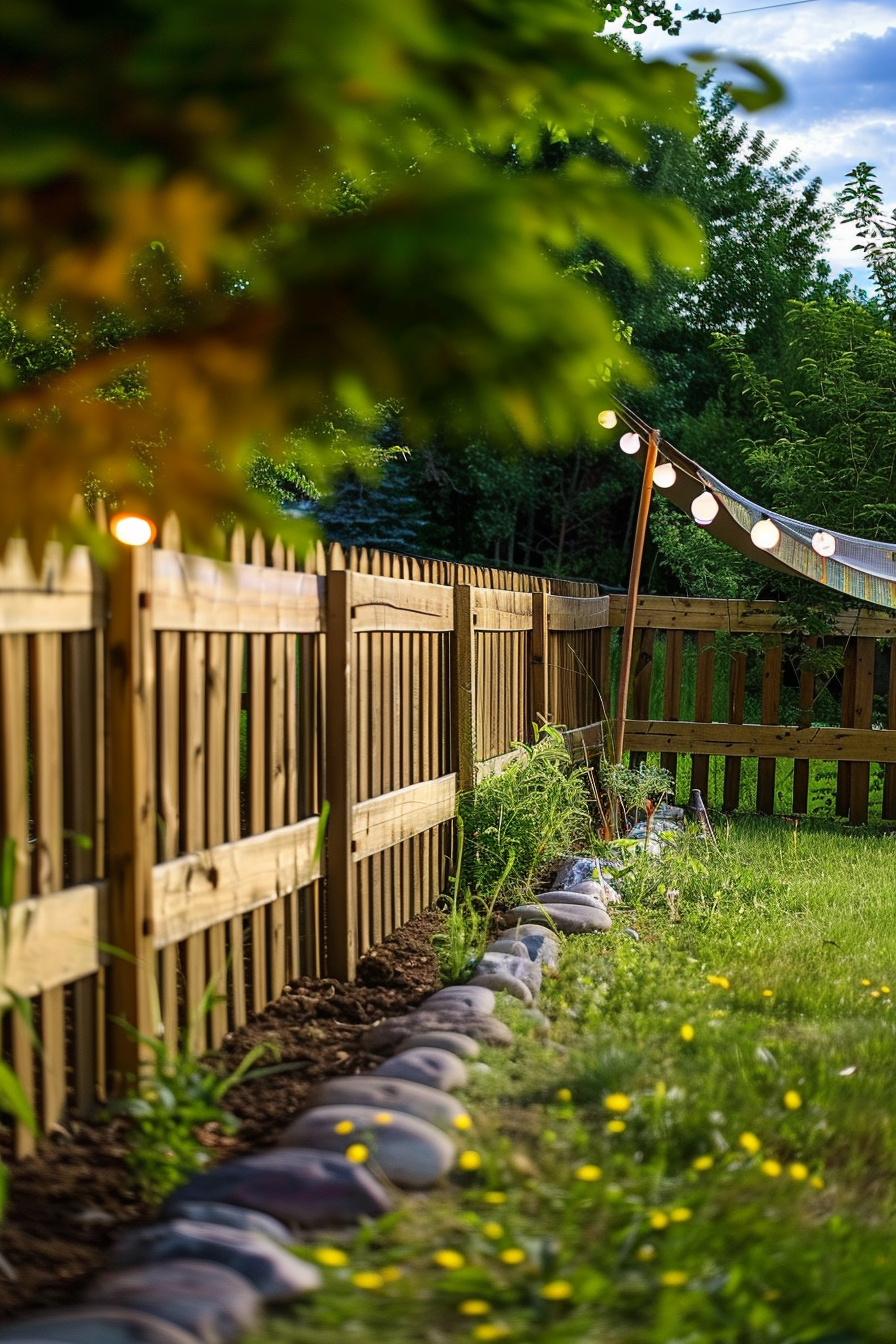 ALT: String lights hang above a wooden backyard fence lining a lush garden bed with blooming yellow flowers.