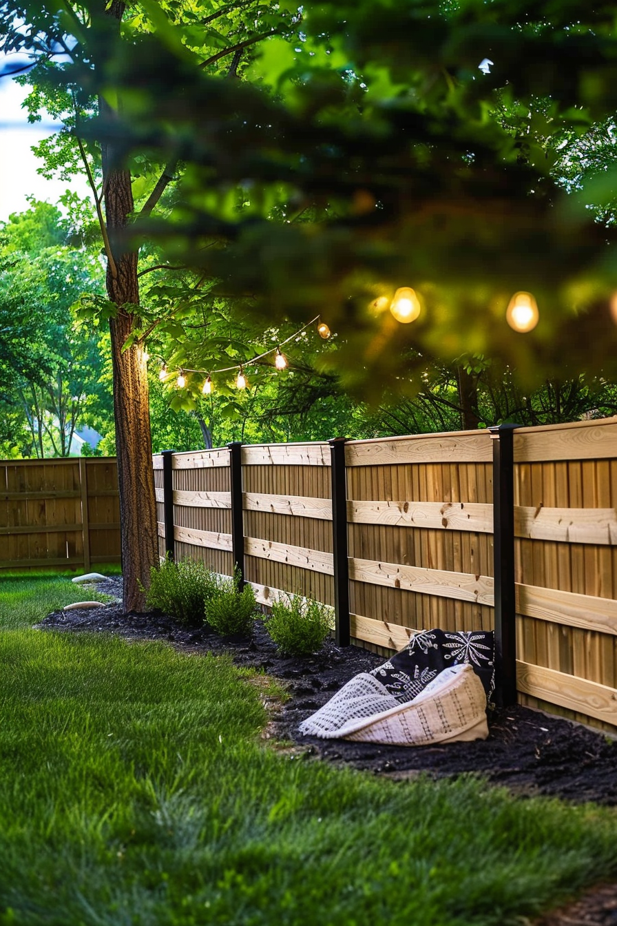 A serene backyard at dusk with string lights hanging from a tree, a wooden fence, and a patterned cushion on the grass.
