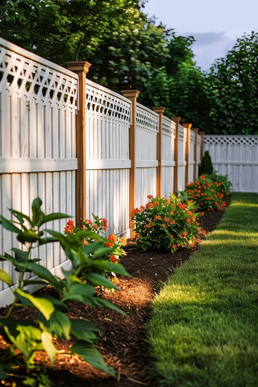 White picket fence with decorative patterns lining a garden with lush green grass and vibrant orange flowers in the sunlight.