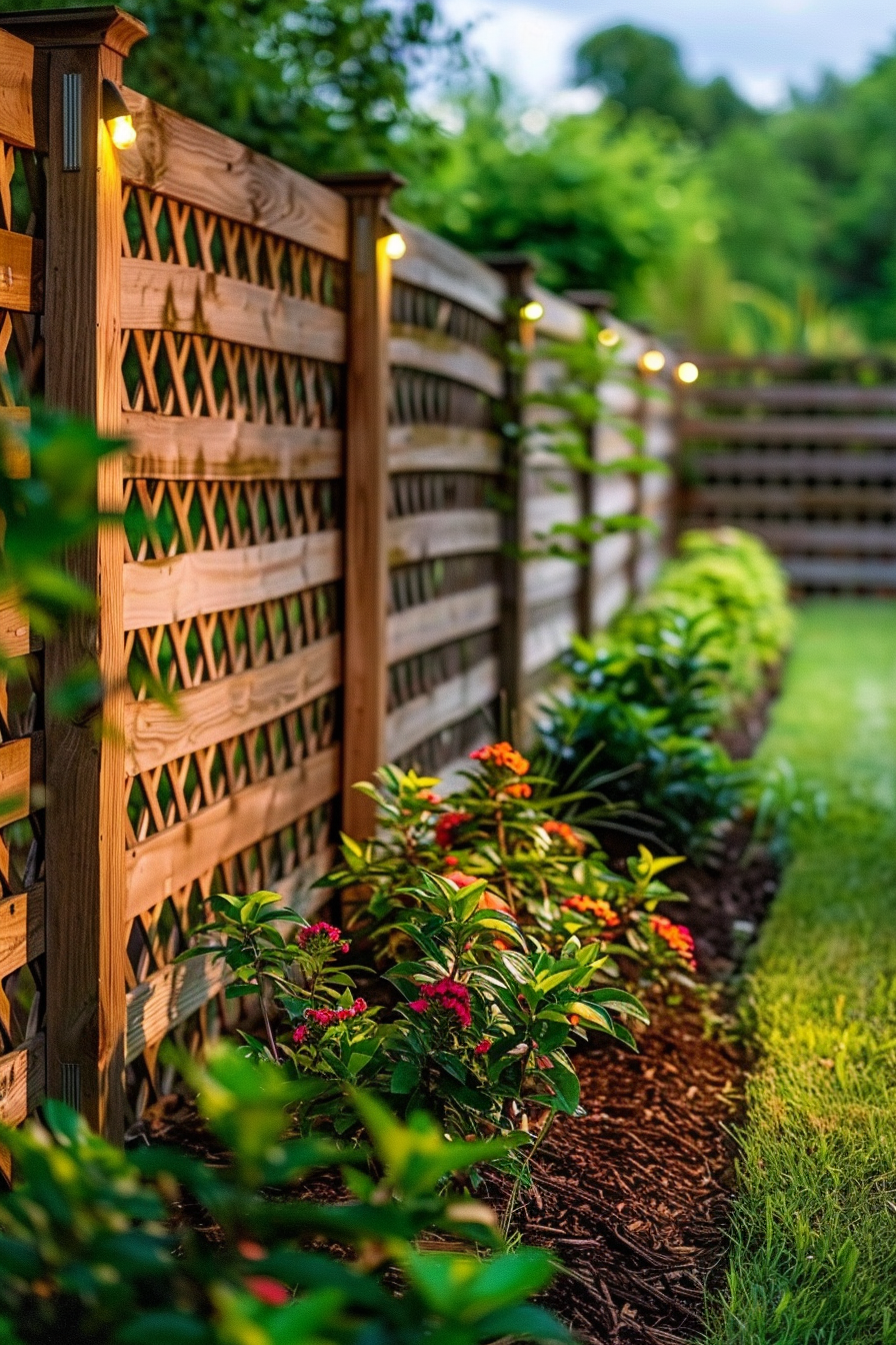 A wooden lattice fence with string lights above a garden bed featuring lush green shrubs and vibrant flowers at twilight.