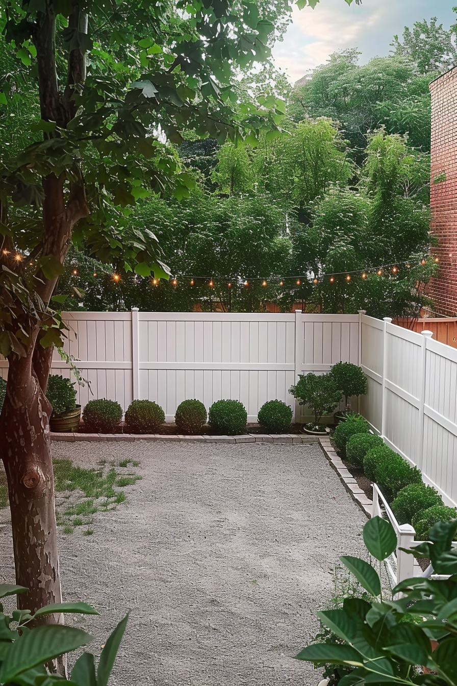 A cozy backyard with gravel floor, white fence, string lights, green bushes, and trees during dusk.