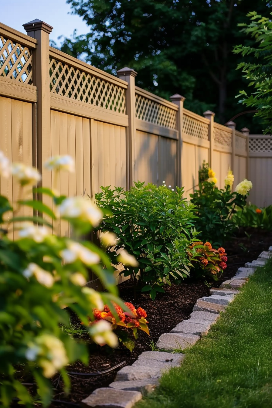 A neatly landscaped garden bed with colorful flowers and shrubs along a beige lattice fence, highlighted by soft sunlight.