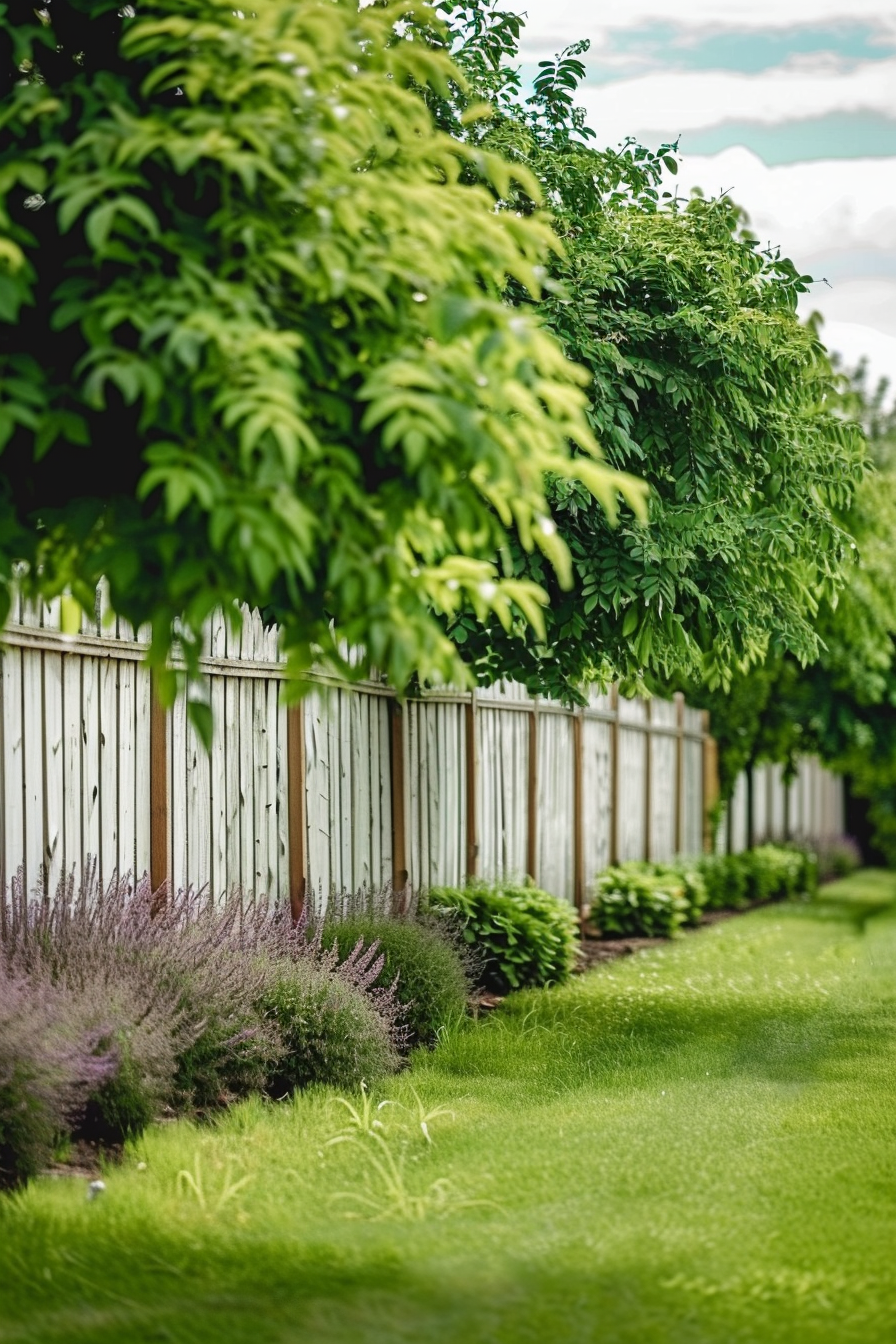 A serene garden with a wooden fence lined by neatly trimmed bushes and trees under a clear sky.